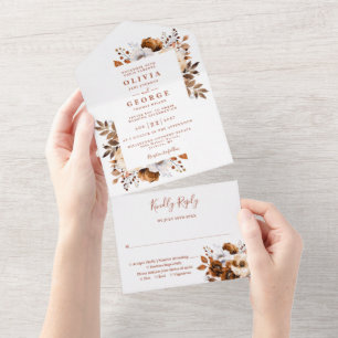 Rustic Fall Terracotta Modern Floral Wedding All In One Invitation