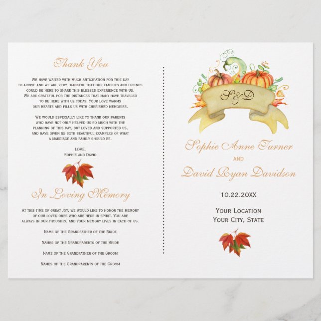 Rustic Fall Thanksgiving Pumpkins Wedding Program Flyer (Front)