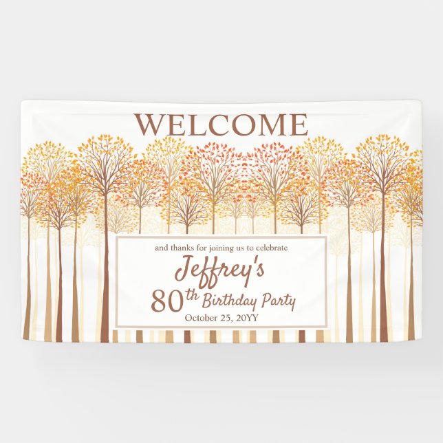 Rustic Fall Trees Terracotta 80th Birthday Party Banner (Horizontal)