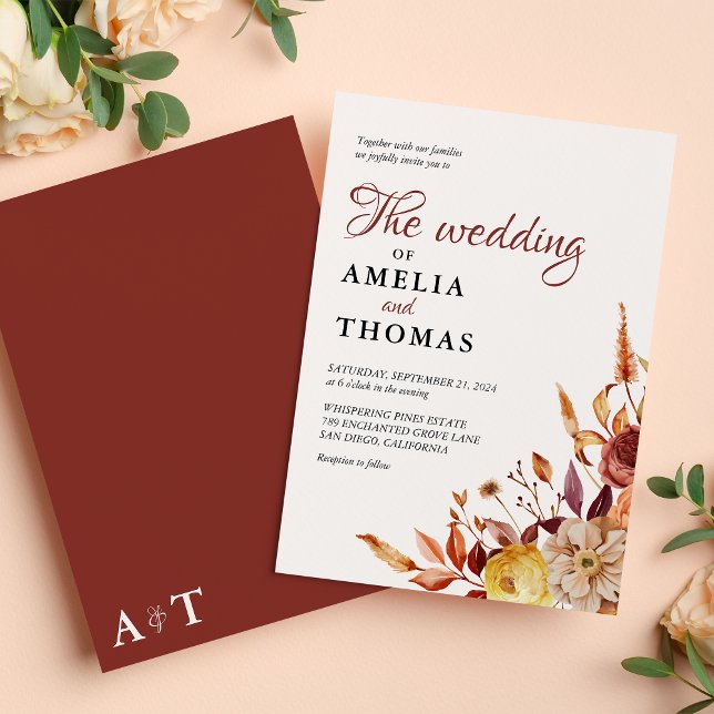 Rustic Fall Warm Watercolor Floral Bouquet Wedding Invitation (Creator Uploaded)