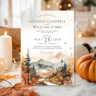 Rustic Fall Watercolor Mountain Elegant Wedding Invitation
