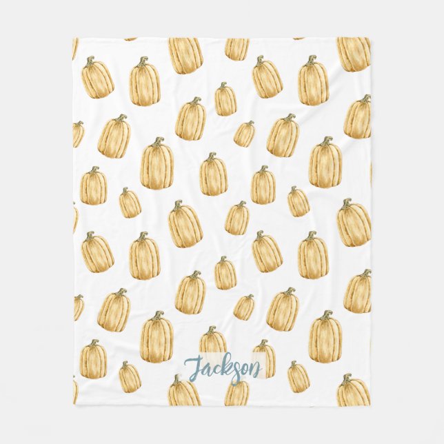 Rustic Fall Watercolor Orange Pumpkin  Fleece Blanket (Front)