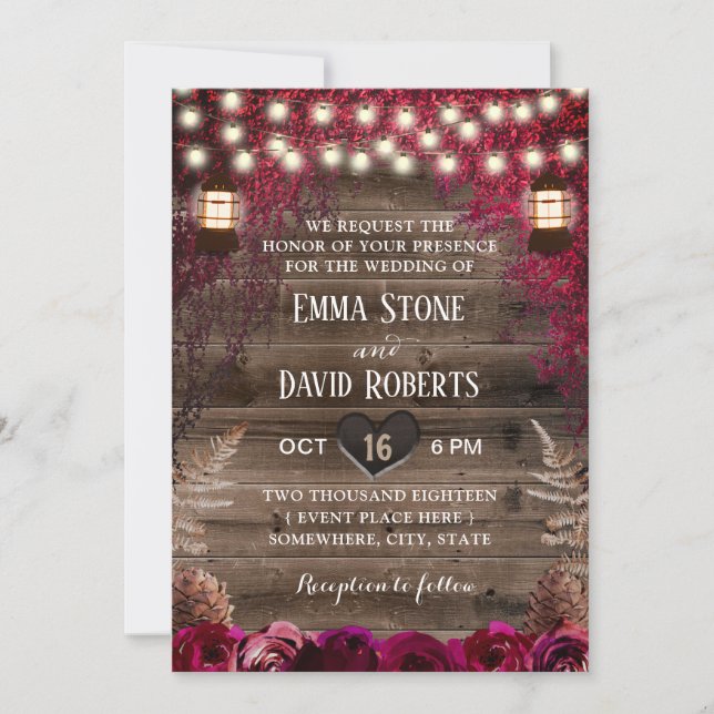 Rustic Fall Wedding Lantern Burgundy Red Flowers Invitation (Front)