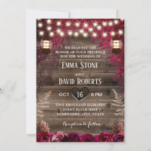 Rustic Fall Wedding Lantern Burgundy Red Flowers Invitation