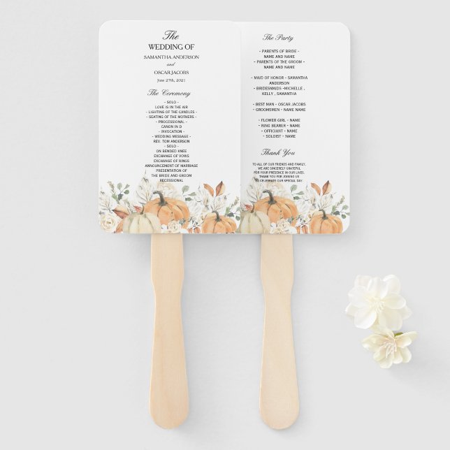 Rustic Fall Wedding Program Fan | Pumpkin & Floral (Front and Back)