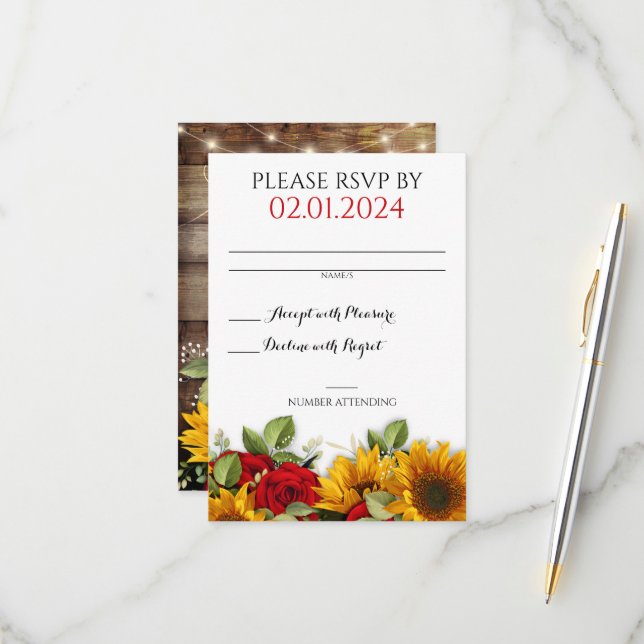 Rustic Fall Wedding Red Roses RSVP Card (Front/Back In Situ)