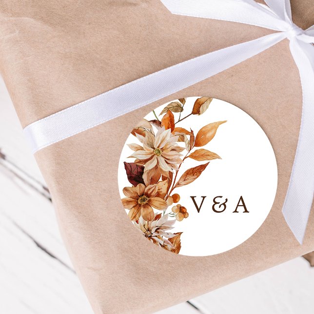 Rustic Fall Wedding Sticker (Rustic Fall Watercolor Floral Wedding Sticker Monogrammed by Painted Paperie)