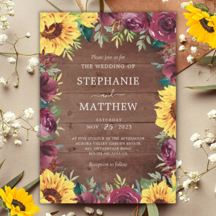 Rustic Fall Wedding Sunflower Burgundy Floral Invitation