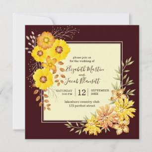 Rustic Fall Wedding Yellow Wild Roses, burgundy Invitation