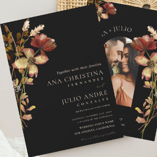Rustic Fall Wildflowers Autumn Photo Black Wedding Invitation