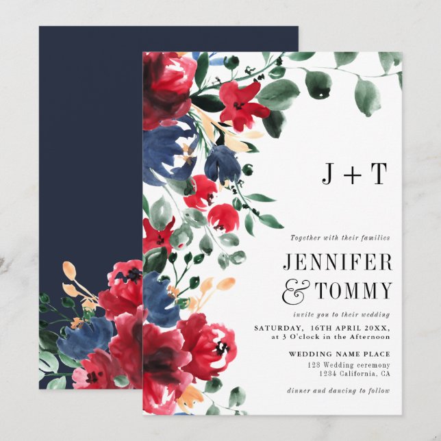 Rustic fall winter red navy blue floral wedding invitation (Front/Back)