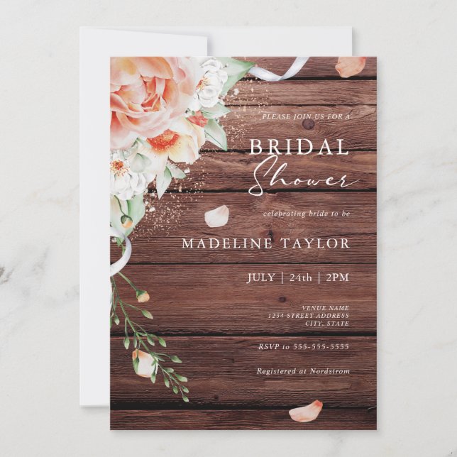 Rustic Fall Wood & Peach Floral Bridal Shower Invitation (Front)
