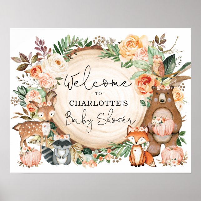 Rustic Fall Woodland Animals Baby Shower Welcome Poster (Front)
