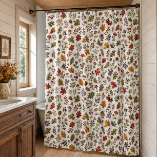 Rustic Fall Woodland Mushroom Leaves Pattern Shower Curtain