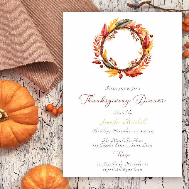 Rustic Fall Wreath Thanksgiving Dinner Invitation (Creator Uploaded)