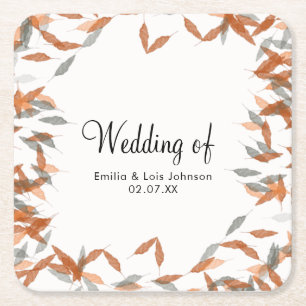 Rustic Falling Leaf Pampas Floating Wedding Square Paper Coaster