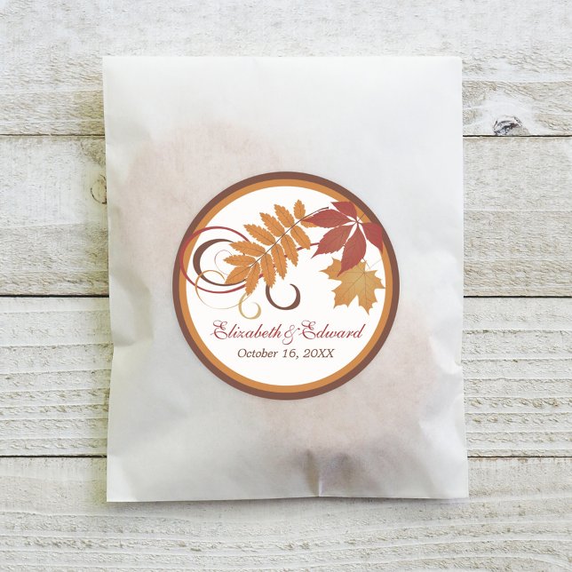 Rustic Falling Leaves Copper Wedding Monogram Classic Round Sticker (Creator Uploaded)