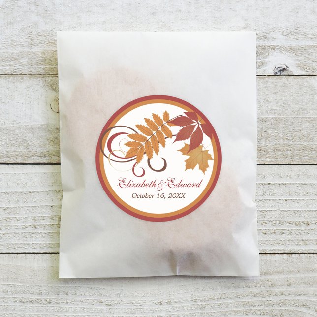 Rustic Falling Leaves Rust Red Wedding Monogram Classic Round Sticker (Creator Uploaded)