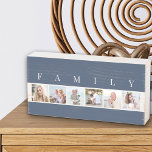 Rustic FAMILY 6 Picture Grid Coastal Blue Wooden Box Sign<br><div class="desc">Distressed wooden box sign personalised with your family photos. The photo template is set up for you to add 6 of your favourite pictures, which are displayed in square format in a simple, strip style, photo collage. Above your pictures, the word "FAMILY" is lettered in modern typography. This smart and...</div>