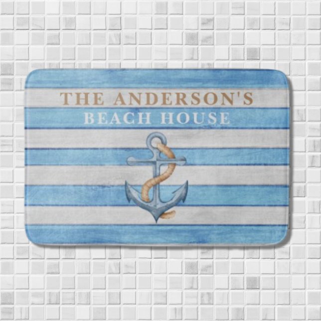 Rustic Family Beach House Nautical Stripes Bath Mat (Creator Uploaded)