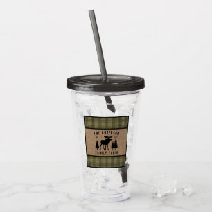 Rustic Family Cabin Moose Pine Green Plaid Burlap Acrylic Tumbler