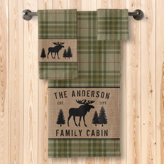 Rustic Family Cabin Moose Pine Green Plaid Burlap Bath Towel Set (Creator Uploaded)