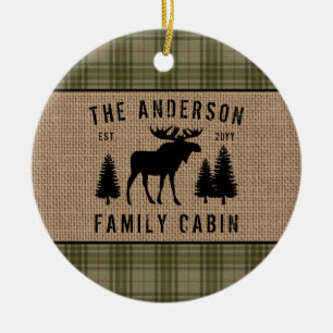 Rustic Family Cabin Moose Pine Green Plaid Burlap Ceramic Tree Decoration