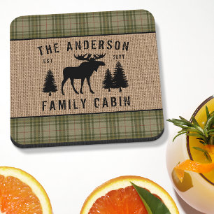 Rustic Family Cabin Moose Pine Green Plaid Burlap Coaster
