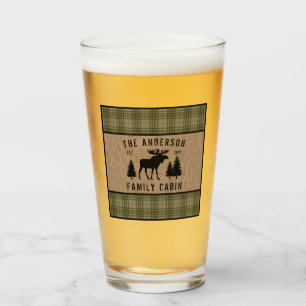 Rustic Family Cabin Moose Pine Green Plaid Burlap Glass