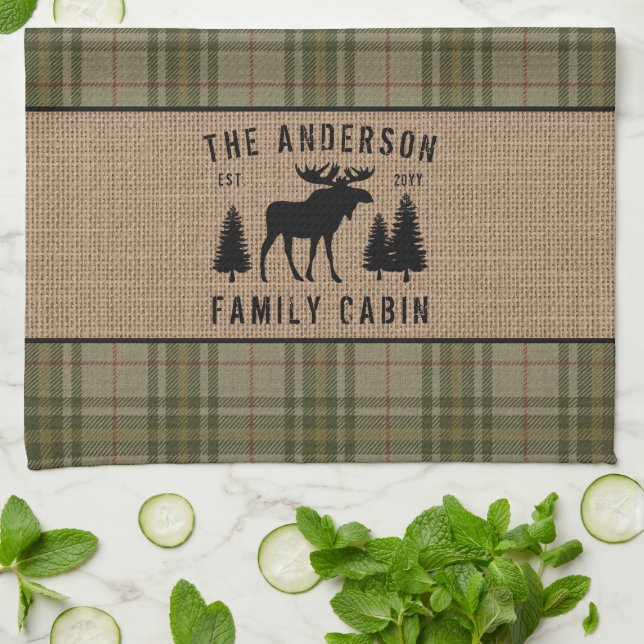 Rustic Family Cabin Moose Pine Green Plaid Burlap Tea Towel (Folded)