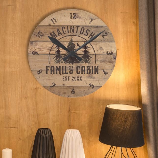Rustic Family Cabin Wood Personalised Round Round Clock (Creator Uploaded)