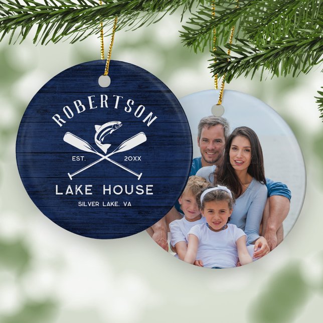 Rustic Family Lake House Navy Blue Wood Photo Ceramic Tree Decoration (Creator Uploaded)