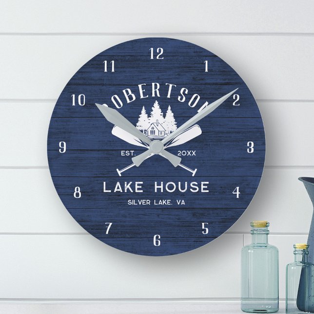 Rustic Family Lake House Navy Blue Wood Round Clock (Creator Uploaded)