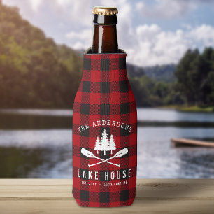 Rustic Family Lake house Trees Red Buffalo Plaid Bottle Cooler