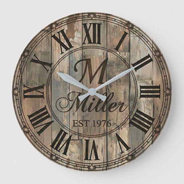 Rustic Family Monogram Wall Clock | Wood-Look  (Front)