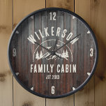 Rustic Family Name Cabin Cottage Lodge Retro<br><div class="desc">Rustic modern wall clock with a trendy forest mountain range design with pine trees,  woods and birds surrounded by your custom family name on printed dark wood panel background,  a personalizable name of your cottage,  cabin,  lake house or any other,  as well as the year established.</div>