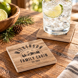 Rustic Family Name Cabin Cottage Lodge Retro Wood Stone Coaster