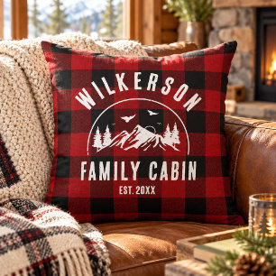 Rustic Family Name Cabin Cottage Red Buffalo Plaid Cushion