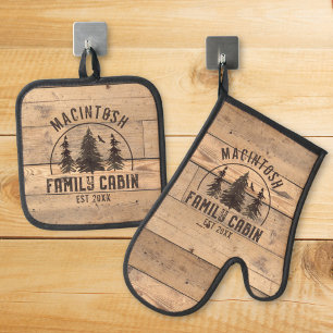 Rustic Family Name Cabin Forest Trees Oven Mitt & Pot Holder Set