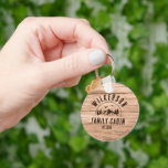 Rustic Family Name Cabin Lake House Cottage  Key Ring<br><div class="desc">Rustic modern key chain with a trendy forest mountain range design with pine trees,  woods,  and birds surrounded by your custom family name on printed wood panel background,  a personalizable name of your cottage,  cabin,  lake house,  or any other,  as well as the year established.</div>