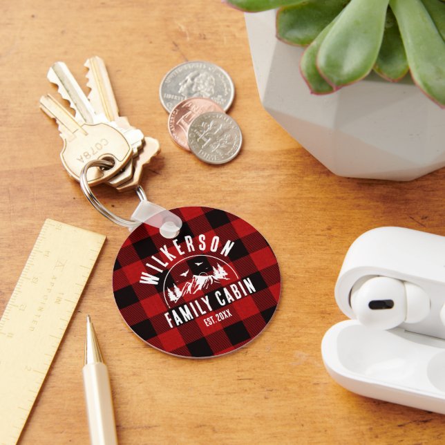 Rustic Family Name Cabin Lake House Red Plaid Key Ring (Desk)