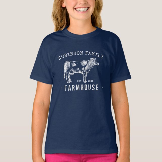 Rustic Family Name Farmhouse Dairy Milk Cow T-Shirt (Front)