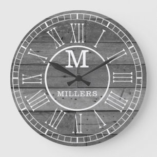 Rustic Family Name Gray Wood Plank Monogram Large Clock