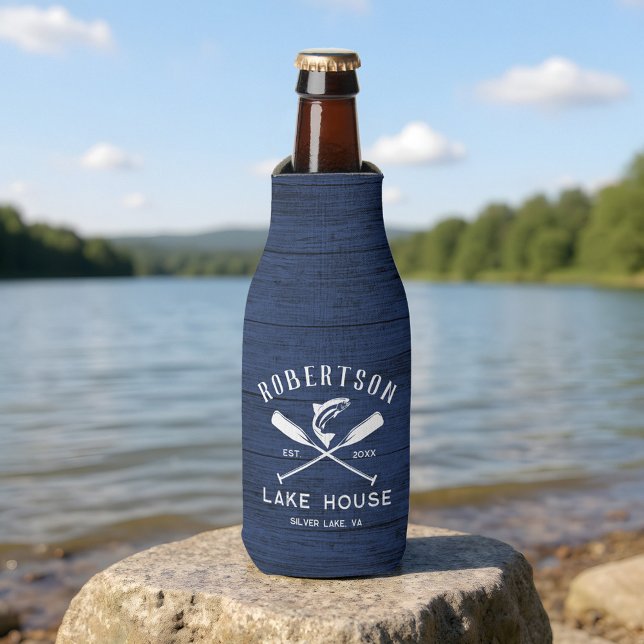 Rustic Family Name Lake House Navy Blue Wood Bottle Cooler (Creator Uploaded)