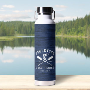 Rustic Family Name Lake House Navy Blue Wood Water Bottle