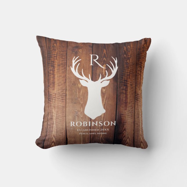 Rustic Family Name Monogram Wood Deer Antler Cushion (Front)