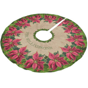Rustic Family Name Poinsettia Holly Berry Wreath Brushed Polyester Tree Skirt