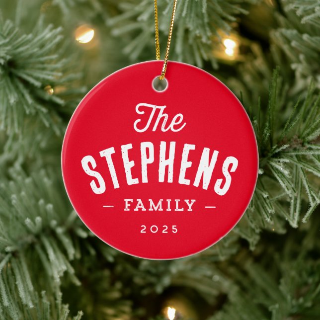 Rustic family name simple one photo red Christmas Ceramic Tree Decoration (Tree)
