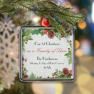 Rustic Family of Three Newborn Milestone Christmas Metal Tree Decoration