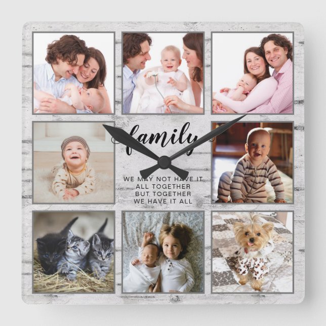 Rustic Family Personalised Photo Collage Square Wall Clock (Front)
